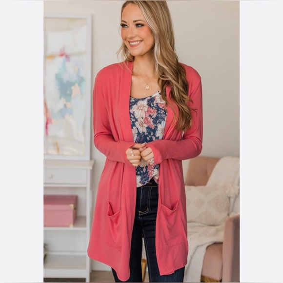 Love Ellie Open Front Cardigan Sweater Pink Coral Ribbed Pockets Women Small. - Picture 1 of 7